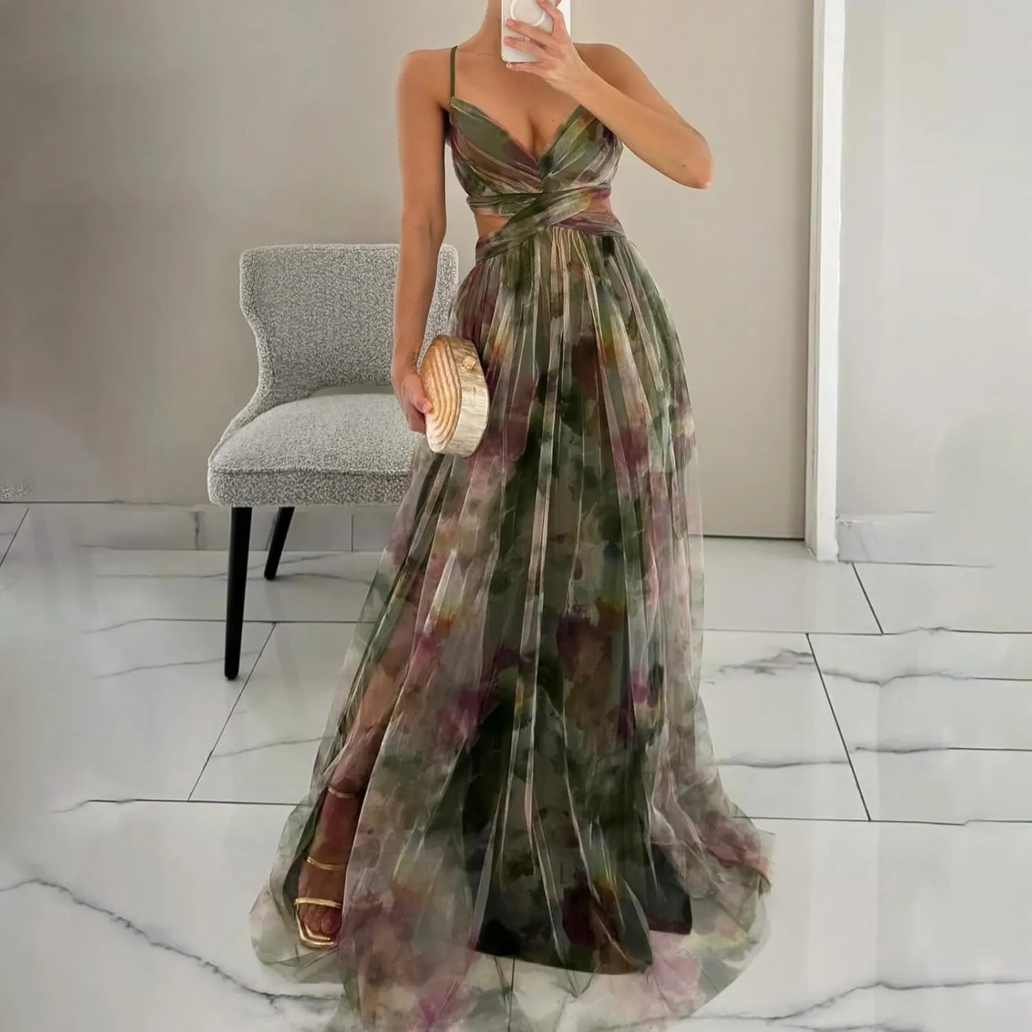 Women's Floral Tulle Wedding Guest Prom Dress Sexy Spaghetti Straps V Neck A Line Formal Colorful Cocktail Maxi Dresses
