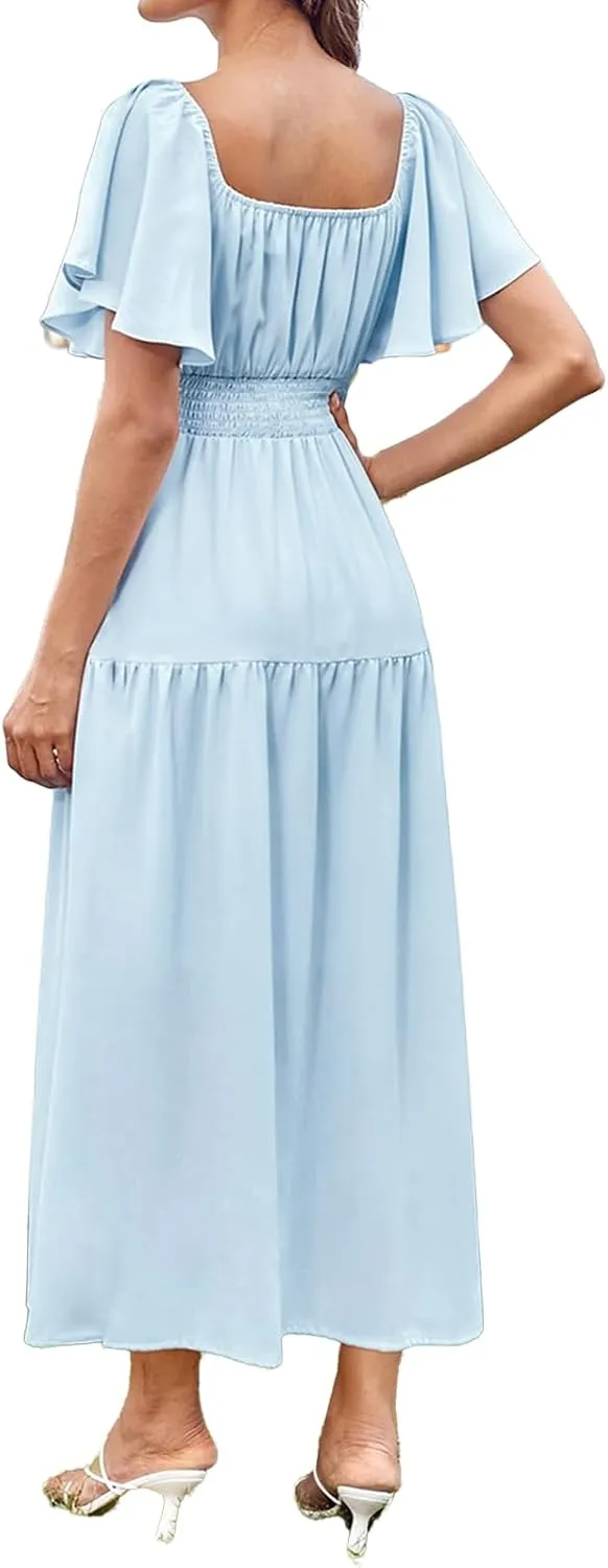 Womens Flowy Dresses Summer Puff Sleeve Tiered Maxi Dress Square Neck Smocked Dress Casual Beach Sundress Vacation
