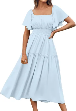 Womens Flowy Dresses Summer Puff Sleeve Tiered Maxi Dress Square Neck Smocked Dress Casual Beach Sundress Vacation