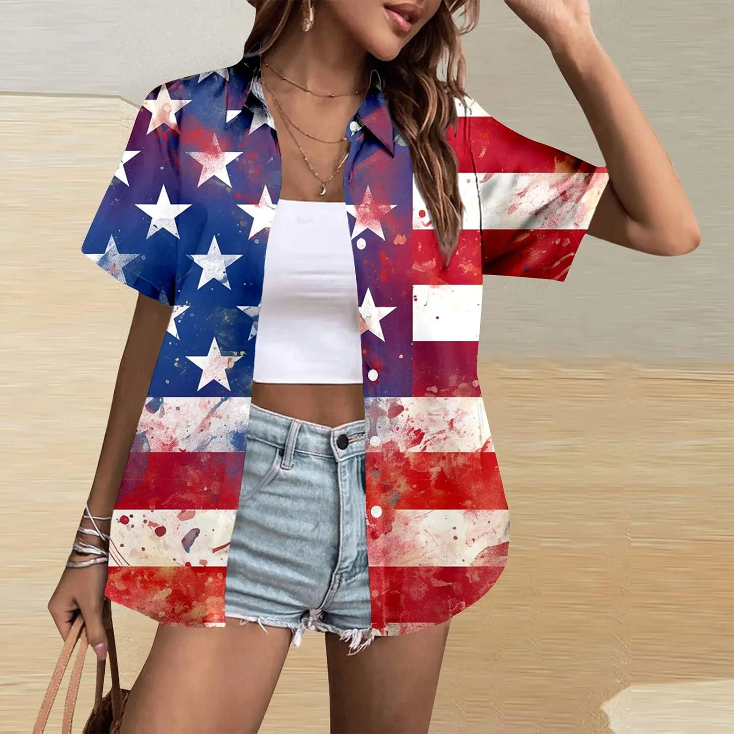 Women's Independence Day Print Casual Shirt Short Sleeve Knotted T Shirts for Women