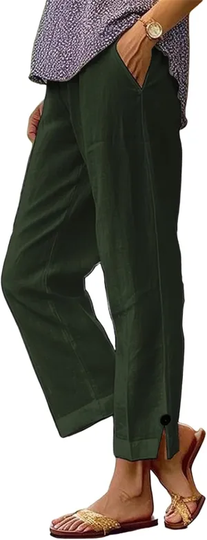 Women's Linen Pants Summer Elastic High Waisted Wide Leg Pant Casual Lightweight Straight Leg Pants with Pockets