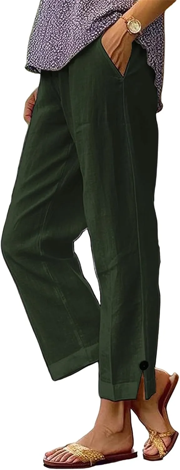 Women's Linen Pants Summer Elastic High Waisted Wide Leg Pant Casual Lightweight Straight Leg Pants with Pockets