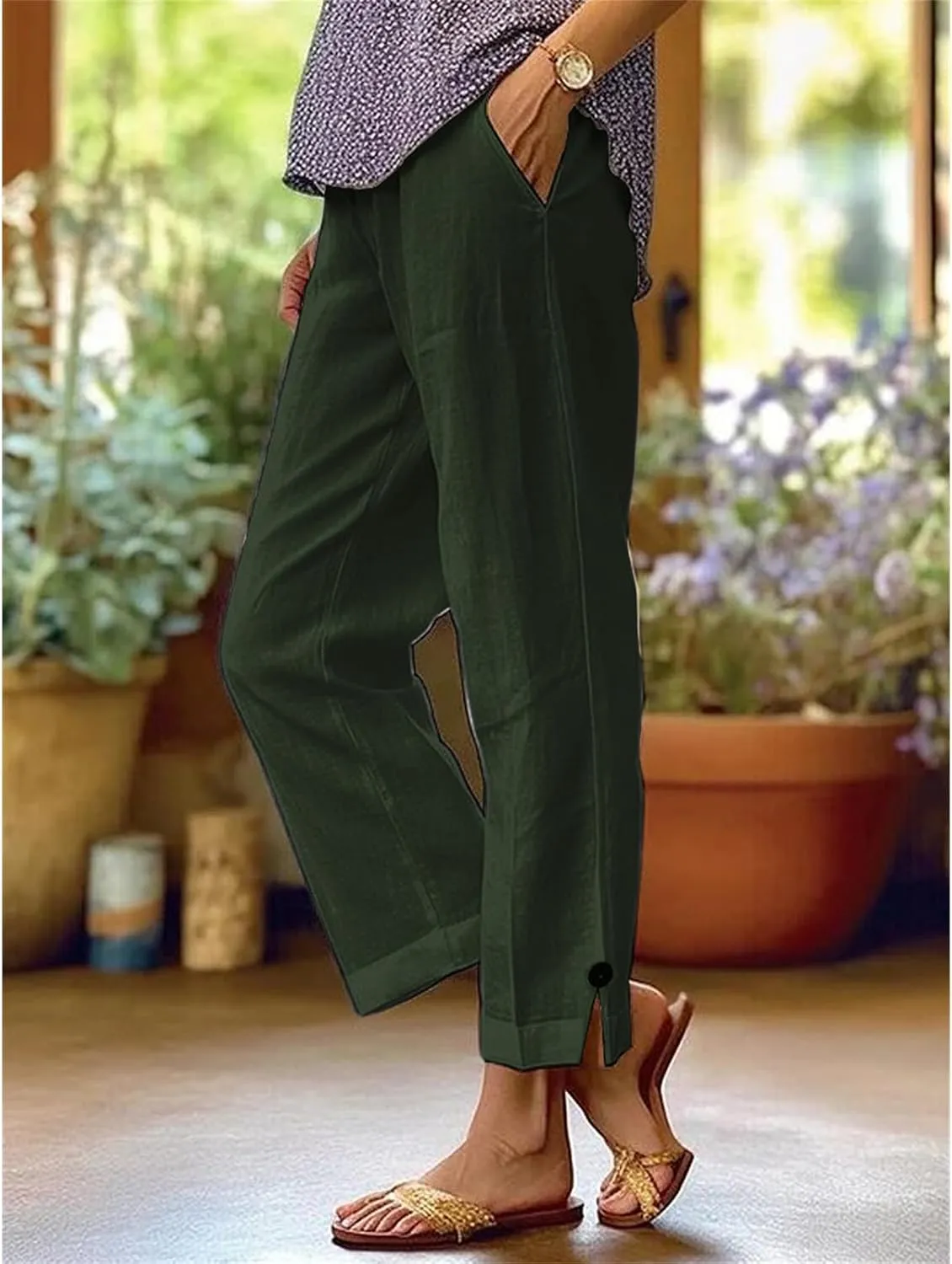 Women's Linen Pants Summer Elastic High Waisted Wide Leg Pant Casual Lightweight Straight Leg Pants with Pockets