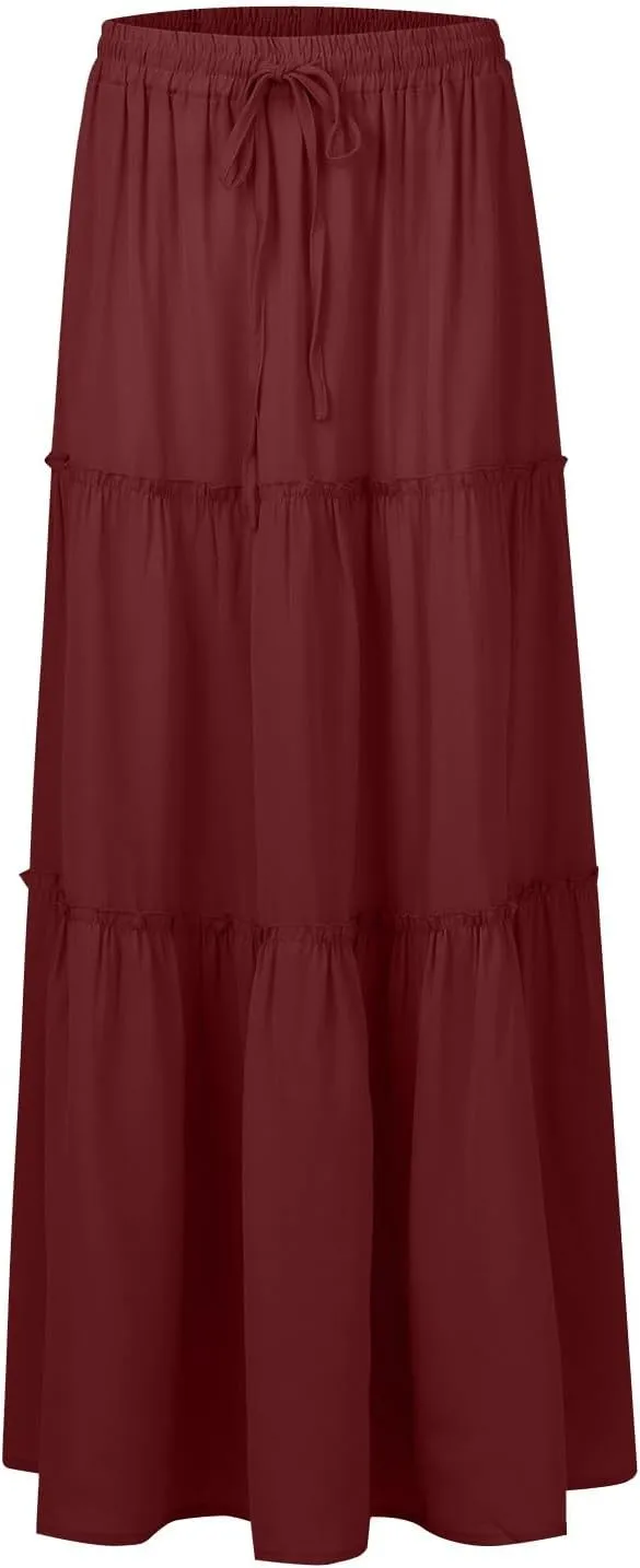 Women's Pleated Skirt Casual Loose Trendy Elastic High Waist Floral Print Boho Sun Beach Long Maxi Skirts, S-2XL