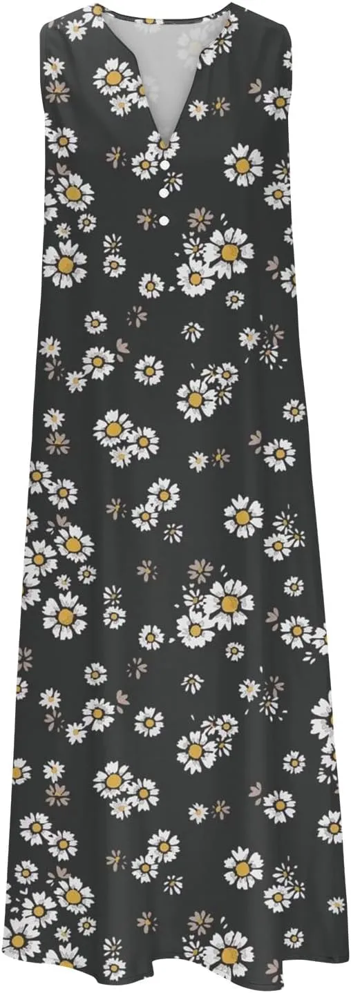 Women's Summer Design Casual Dress Sleeveless V-Neck Dress with Pockets Loose Flowy Swing Pleated Long Beach Dress