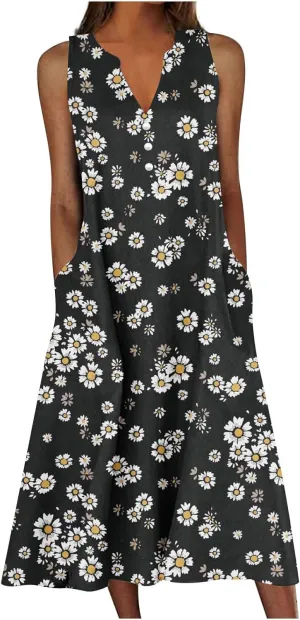 Women's Summer Design Casual Dress Sleeveless V-Neck Dress with Pockets Loose Flowy Swing Pleated Long Beach Dress