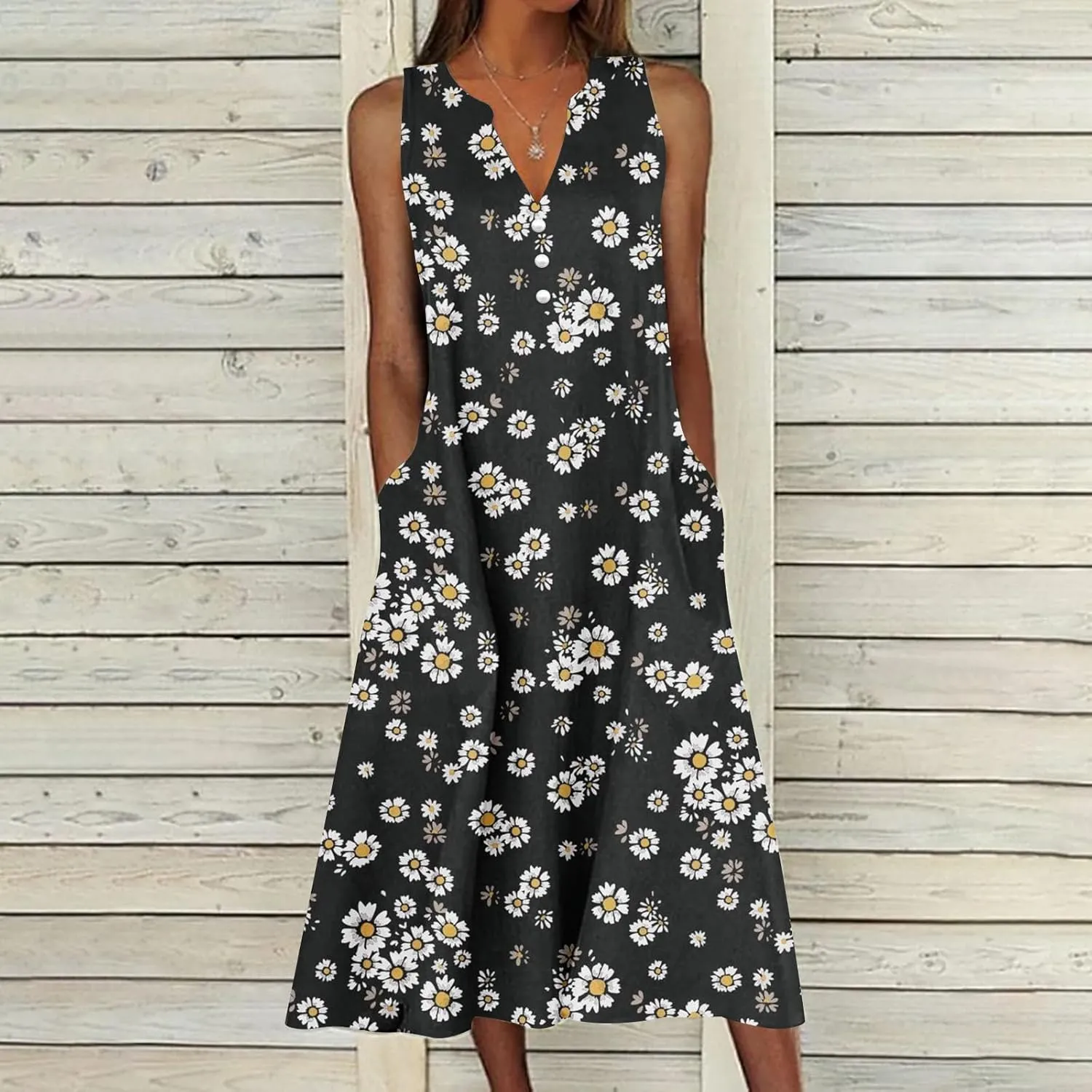 Women's Summer Design Casual Dress Sleeveless V-Neck Dress with Pockets Loose Flowy Swing Pleated Long Beach Dress