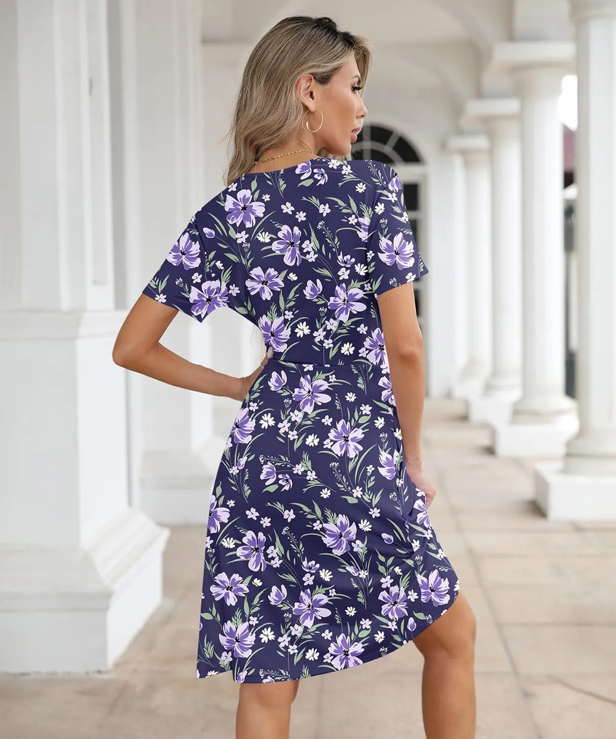 Women's Summer Short Sleeve Casual Wrap Dresses V-Neck with Pockets Elastic Waist Flowy Midi Beach Dress