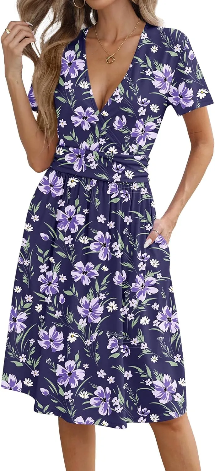 Women's Summer Short Sleeve Casual Wrap Dresses V-Neck with Pockets Elastic Waist Flowy Midi Beach Dress