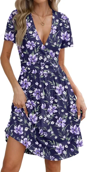 Women's Summer Short Sleeve Casual Wrap Dresses V-Neck with Pockets Elastic Waist Flowy Midi Beach Dress