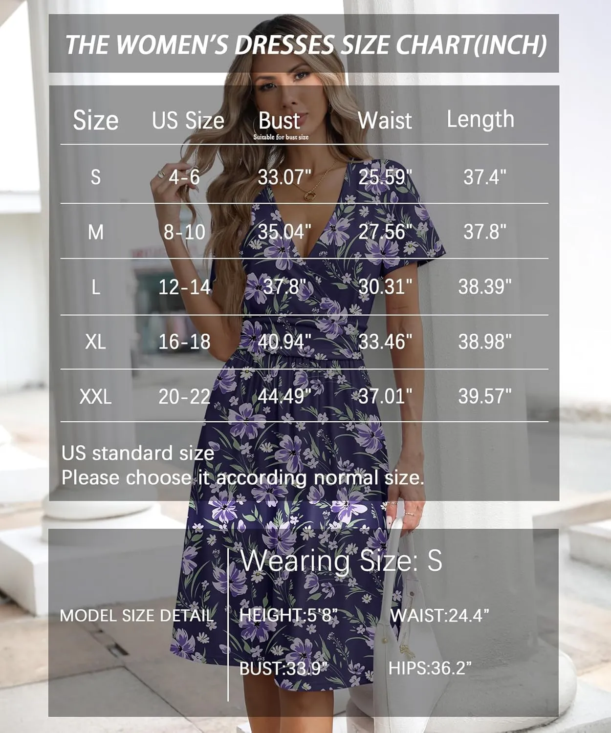 Women's Summer Short Sleeve Casual Wrap Dresses V-Neck with Pockets Elastic Waist Flowy Midi Beach Dress