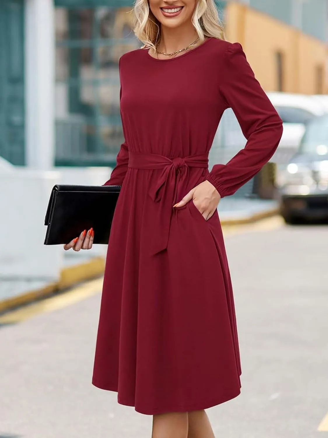 Women's Winter Long Sleeve Crewneck Dress Casual Belted A Line Flowy Business Work Teacher Midi Dresse