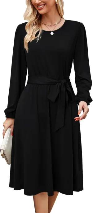 Women's Winter Long Sleeve Crewneck Dress Casual Belted A Line Flowy Business Work Teacher Midi Dresse