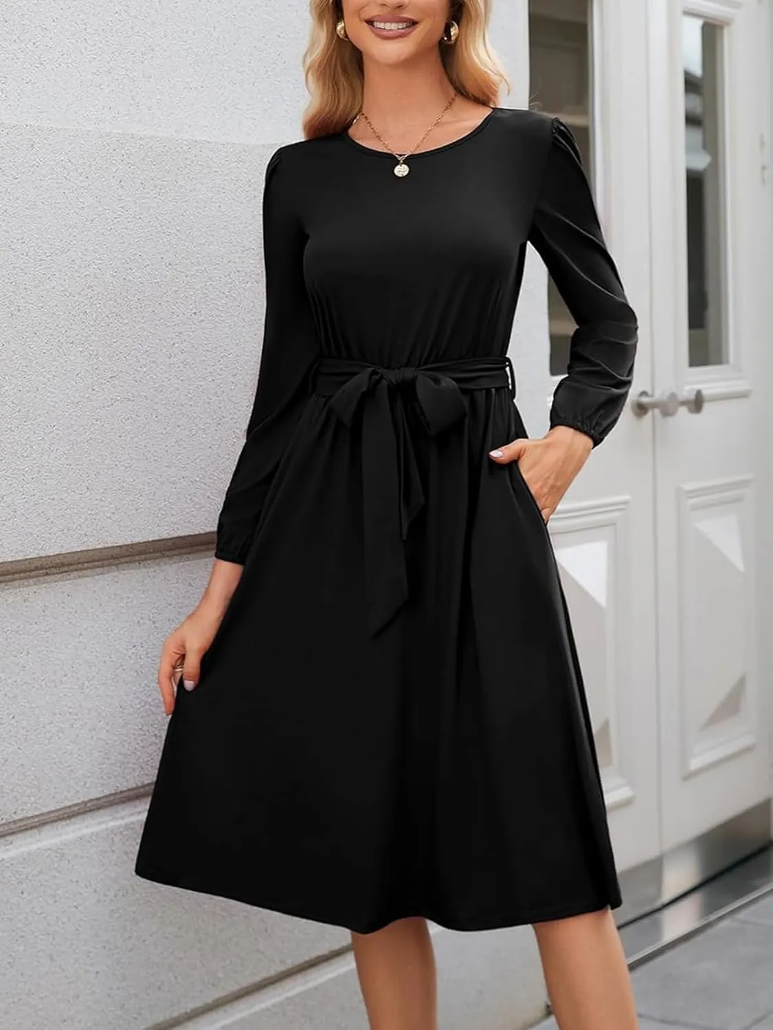 Women's Winter Long Sleeve Crewneck Dress Casual Belted A Line Flowy Business Work Teacher Midi Dresse