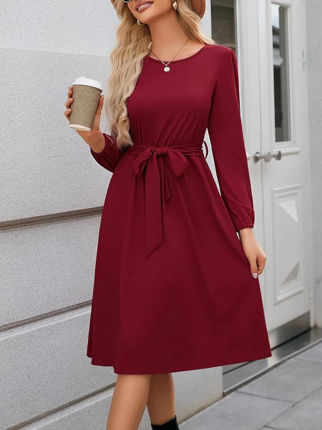 Women's Winter Long Sleeve Crewneck Dress Casual Belted A Line Flowy Business Work Teacher Midi Dresse