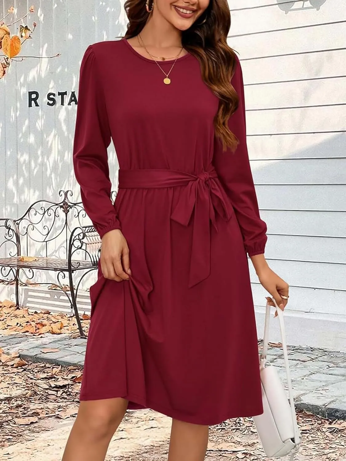Women's Winter Long Sleeve Crewneck Dress Casual Belted A Line Flowy Business Work Teacher Midi Dresse