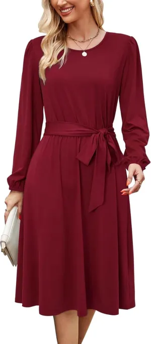 Women's Winter Long Sleeve Crewneck Dress Casual Belted A Line Flowy Business Work Teacher Midi Dresse